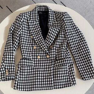 Zara Black and White Houndstooth Blazer with Gold Buttons